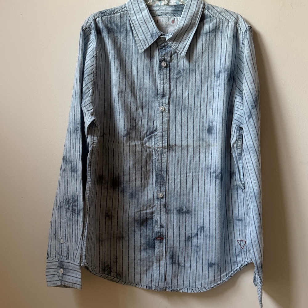 Guess Light Blue and Gray Striped Button Shirt Boy’s Size L(16/18)